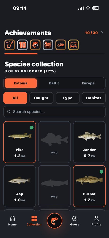 Species collection grid showing unlocked fish and the empty slots still to find