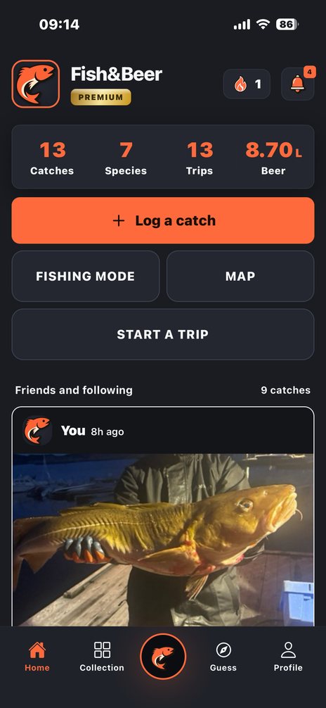 Home screen with catch, species and trip totals, a Log a catch button, and the friends feed